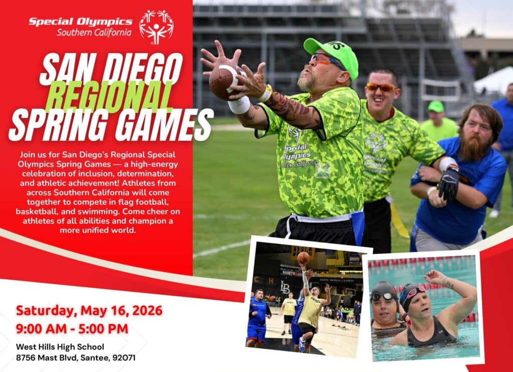 Poster for Special Olympics San Diego Regional Spring Games with athletes in neon green jerseys and action photos on a red banner side and field scene on the right.