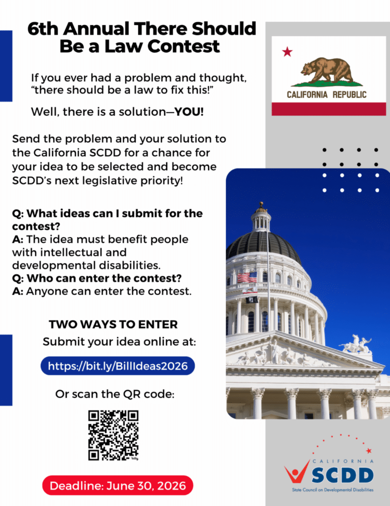 Poster for the 6th Annual There Should Be a Law Contest inviting ideas online, with a QR code and a dome capitol image in the design.