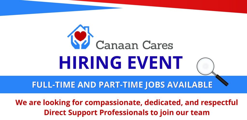 Banner announcing a Canaan Cares hiring event with a house-logo and heart, large HIRING EVENT text, and a magnifying glass icon on the right against blue/red stripes.