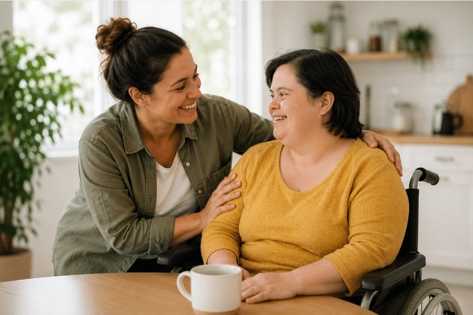 Caregiver sits beside a woman in a wheelchair, smiling and offering support at a kitchen table.
