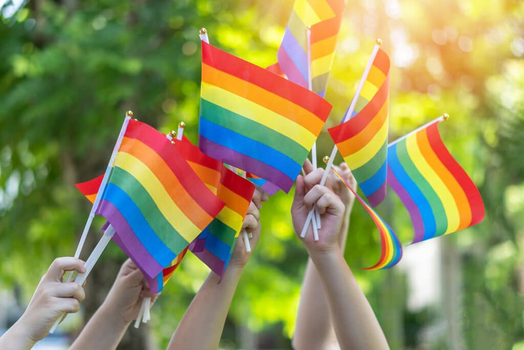 Group of people waving rainbow Pride flags outdoors in sunshine.