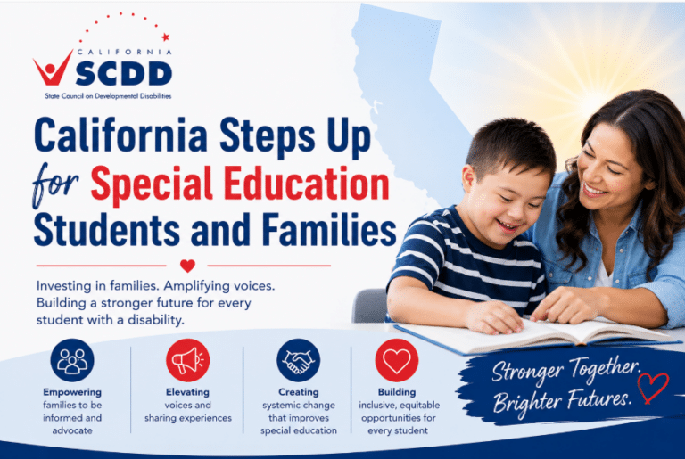 Banner for California SCDD promoting support for students with disabilities; shows a mother helping her son study.