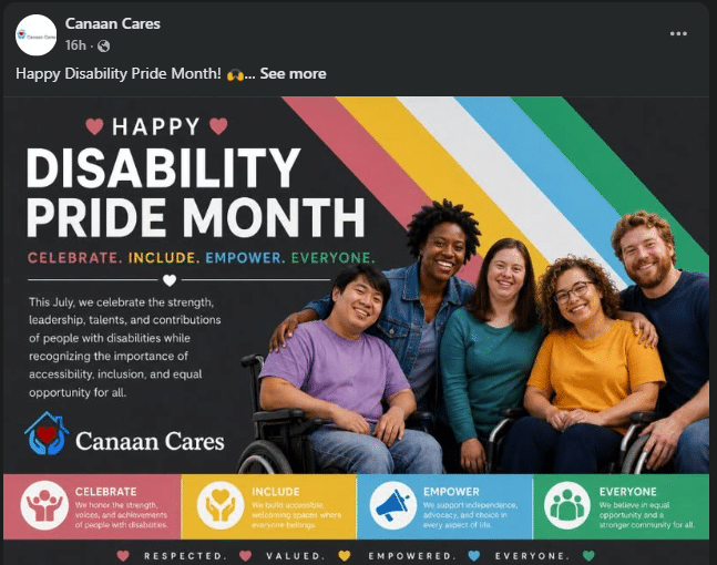 Diverse group including a person in a wheelchair posing for a Disability Pride Month banner; text reads 'Happy Disability Pride Month' and 'Celebrate. Include. Empower. Everyone.'