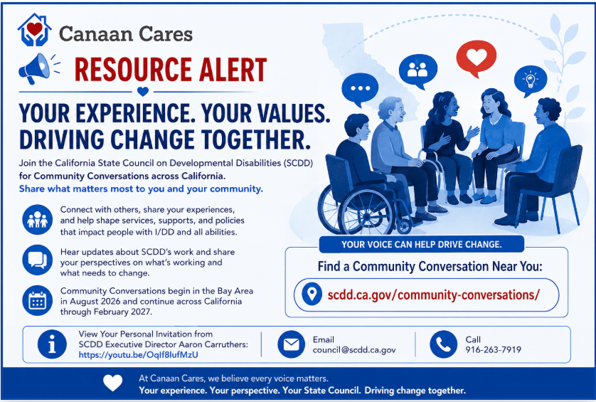 Poster for Canaan Cares’ Resource Alert promoting Community Conversations about developmental disabilities; diverse group including a person in a wheelchair seated in a circle, discussing.