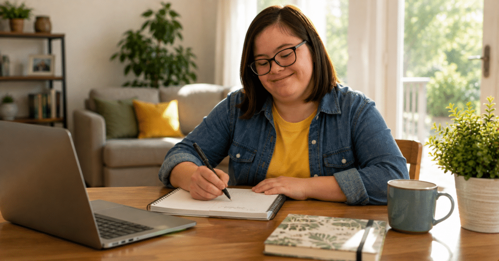 Woman with glasses writing in a spiral notebook at a wooden table, laptop open beside her in a sunny home office.