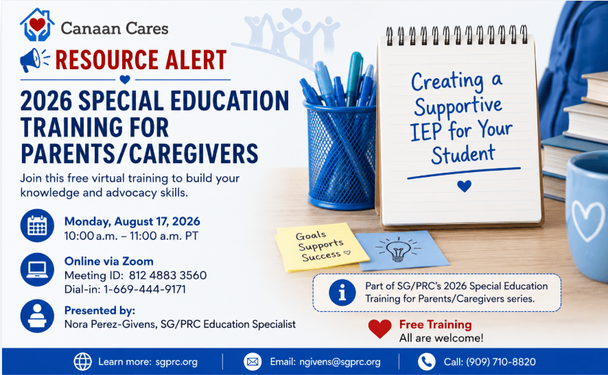 Canaan Cares poster for 2026 Special Education Training for Parents/Caregivers; free online session Aug 17, 2026, 10–11 AM PT via Zoom.