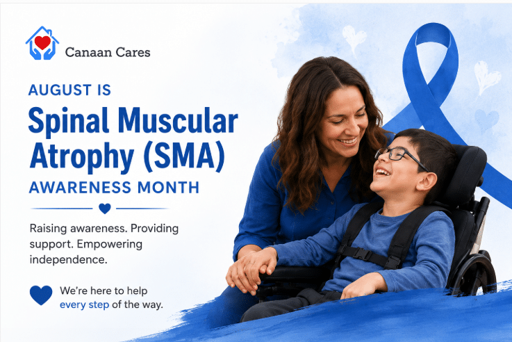 Canaan Cares banner promoting Spinal Muscular Atrophy Awareness Month with a smiling mother and boy in a wheelchair.